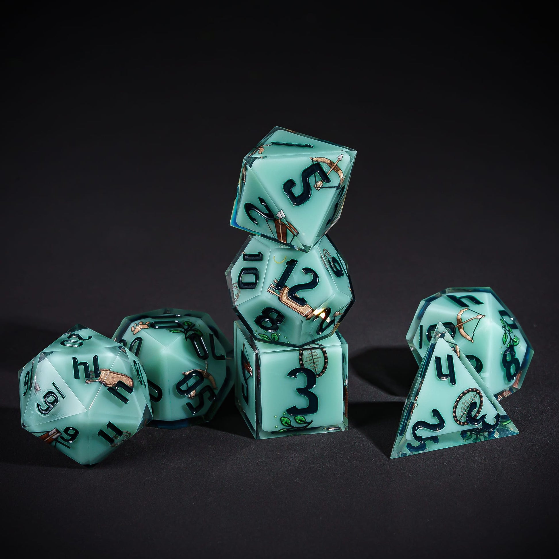 Green Ranger Dice Set, 7 piece pastel sharp edge dice for DND 5e players