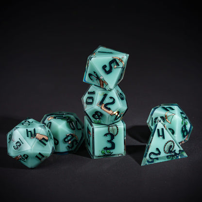 Green Ranger Dice Set, 7 piece pastel sharp edge dice for DND 5e players