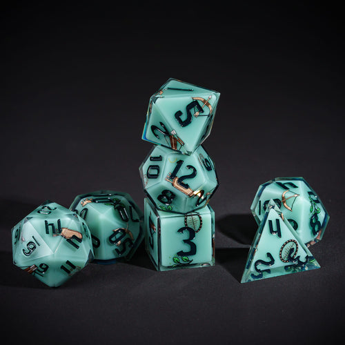 Green Ranger Dice Set, 7 piece pastel sharp edge dice for DND 5e players