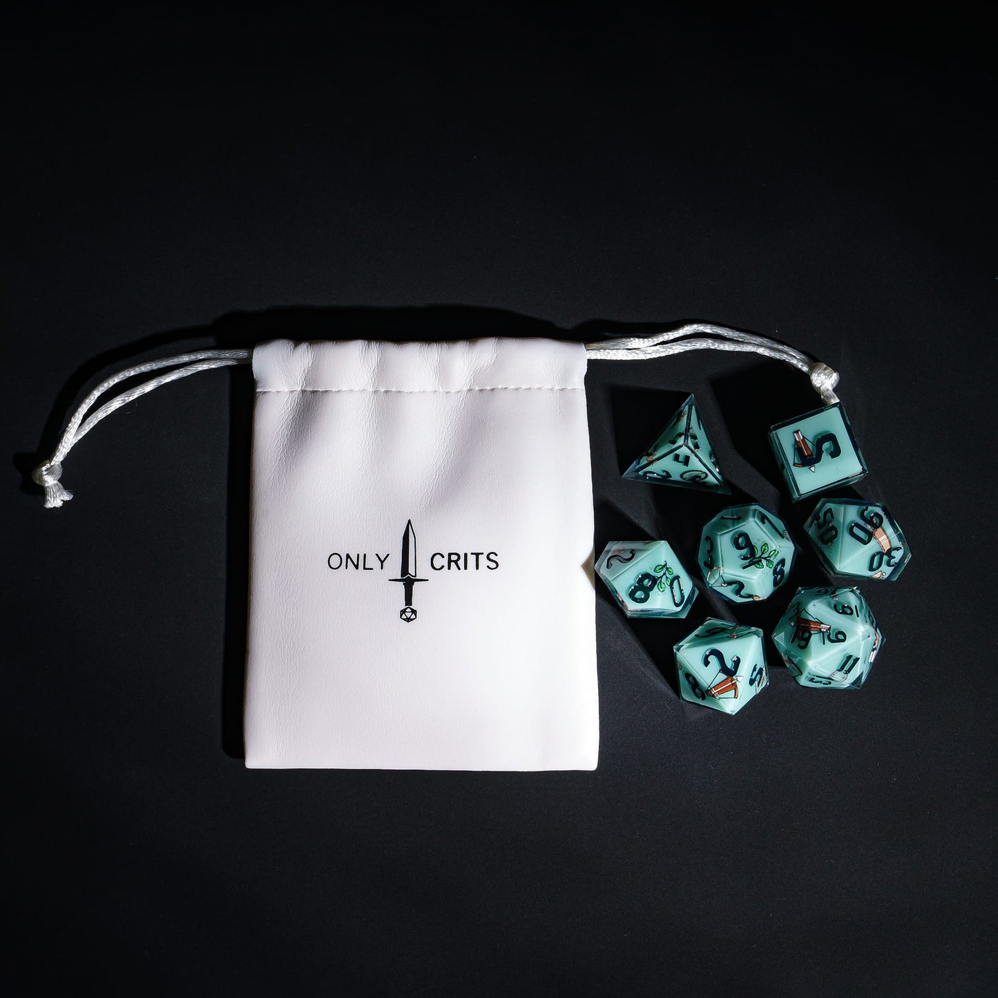 Green Ranger Dice Set with Only Crits bag, pastel 7 piece sharp edge dice for DND 5e