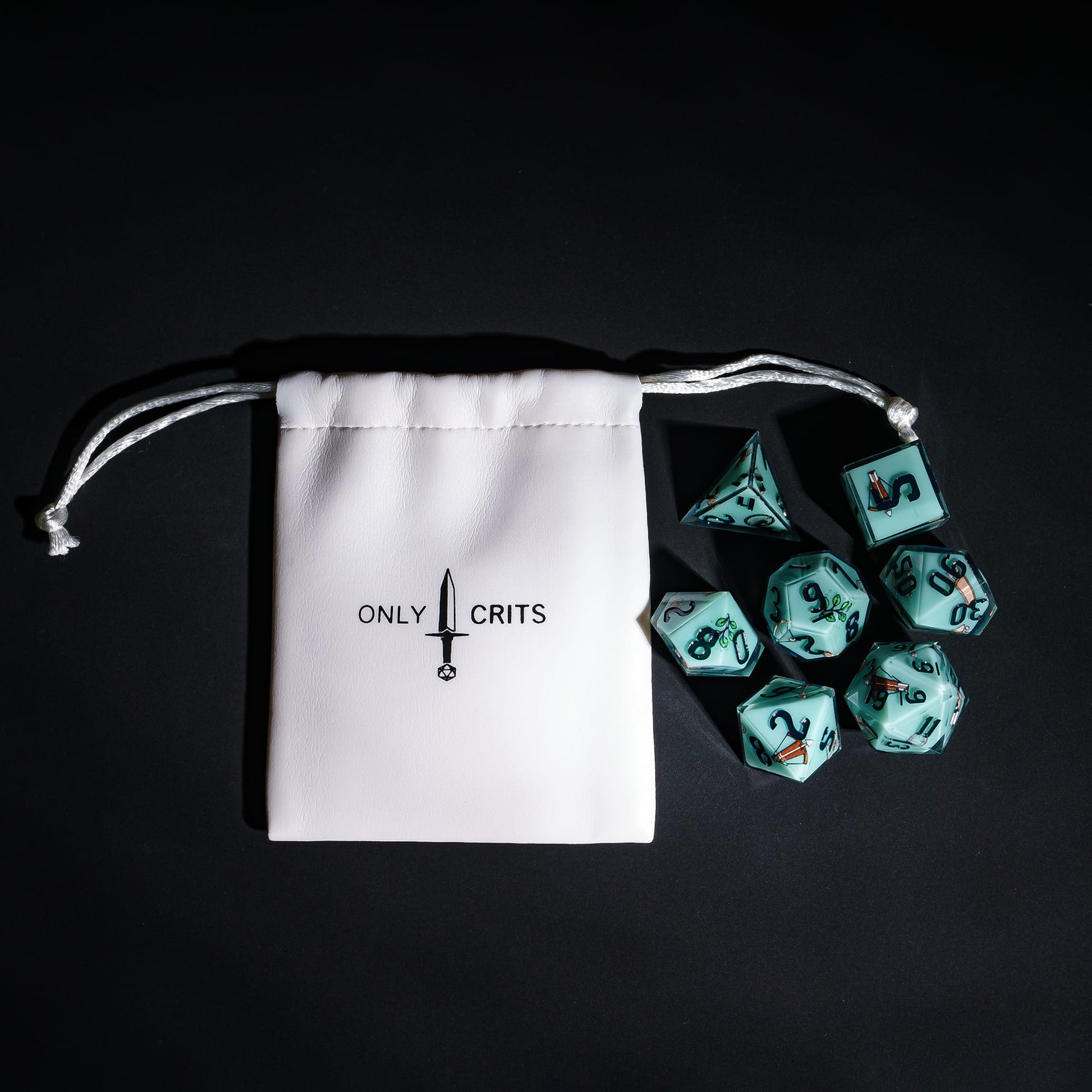 Green Ranger Dice Set with Only Crits bag, pastel 7 piece sharp edge dice for DND 5e