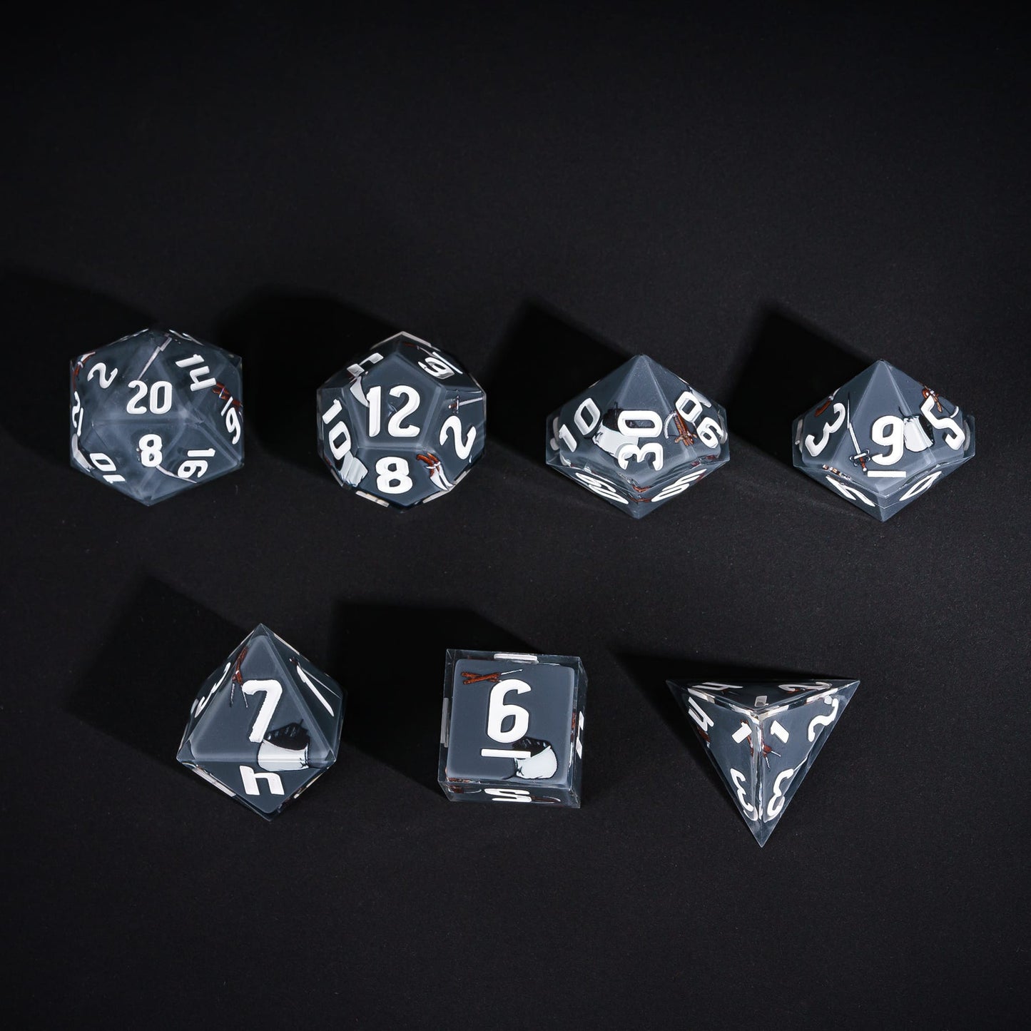 Grey Rogue Dice Set, 7 piece pastel polyhedral dice for tabletop roleplaying games