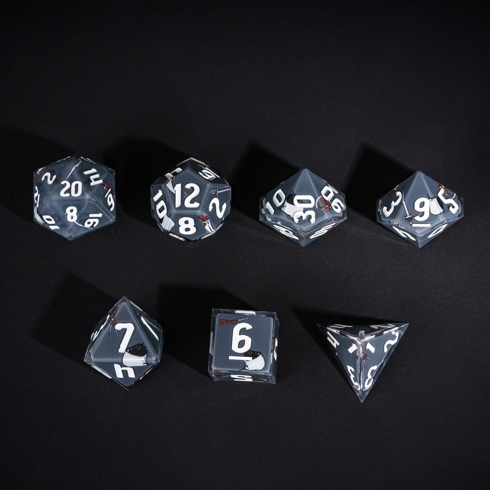 Grey Rogue Dice Set, 7 piece pastel polyhedral dice for tabletop roleplaying games