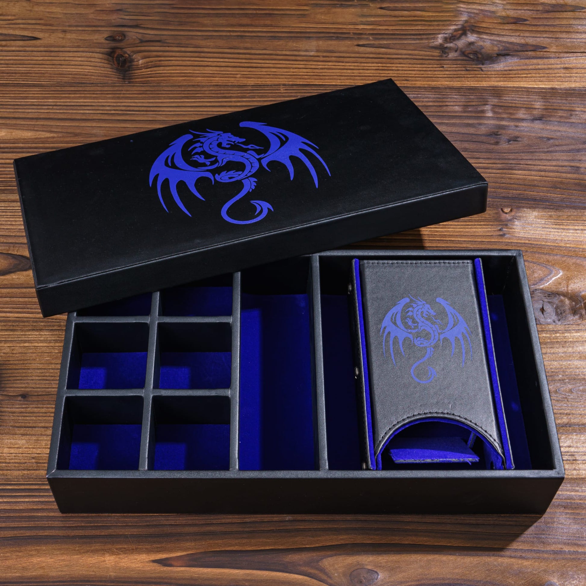 Open Roll n' Stow Dice Tray & Case in blue showing storage compartments