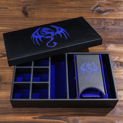 Open Roll n' Stow Dice Tray & Case in blue showing storage compartments