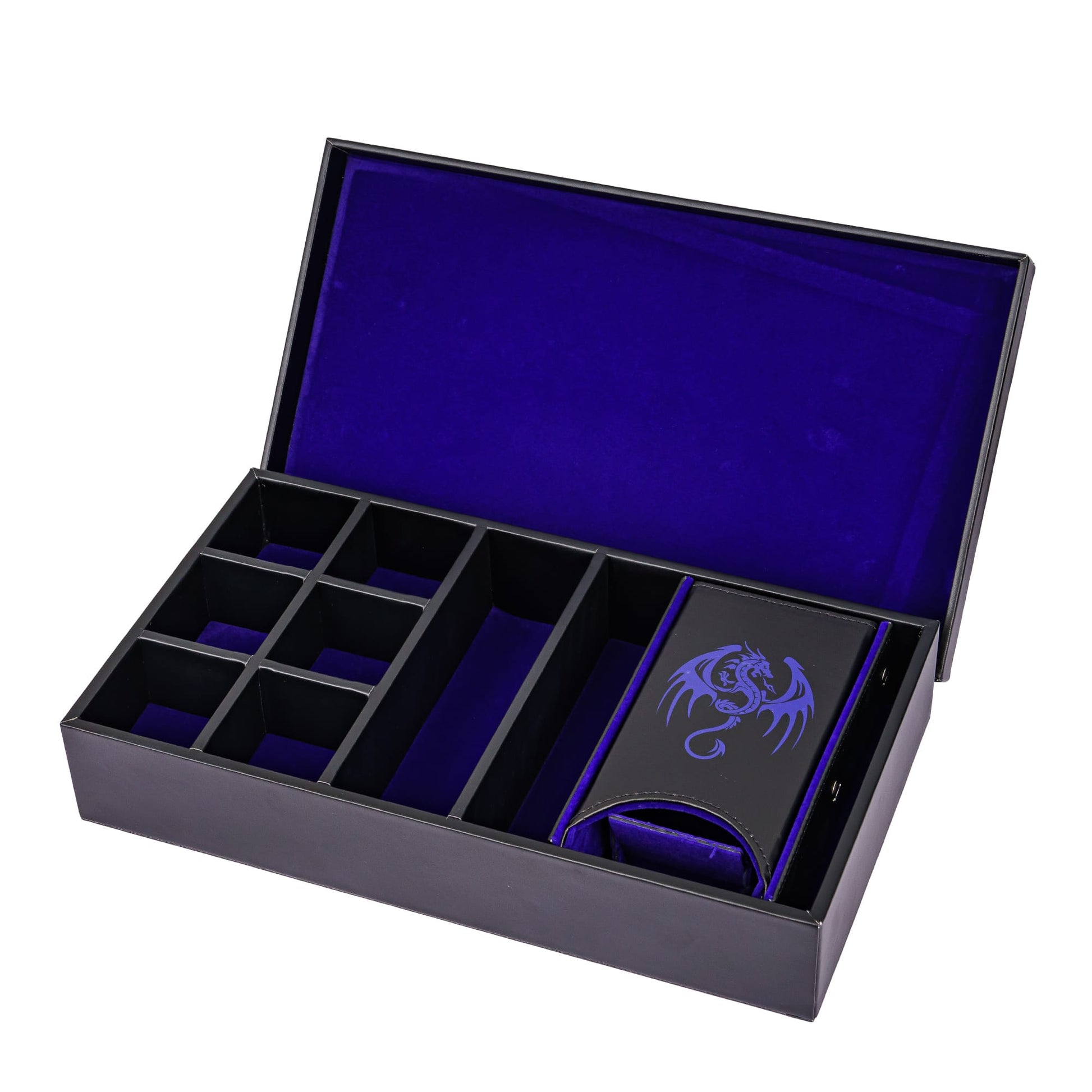 Open Roll n' Stow Dice Tray & Case in blue showing storage compartments