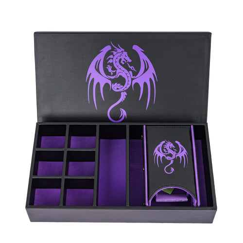 Open Roll n' Stow Dice Tray & Case in purple showing compartments