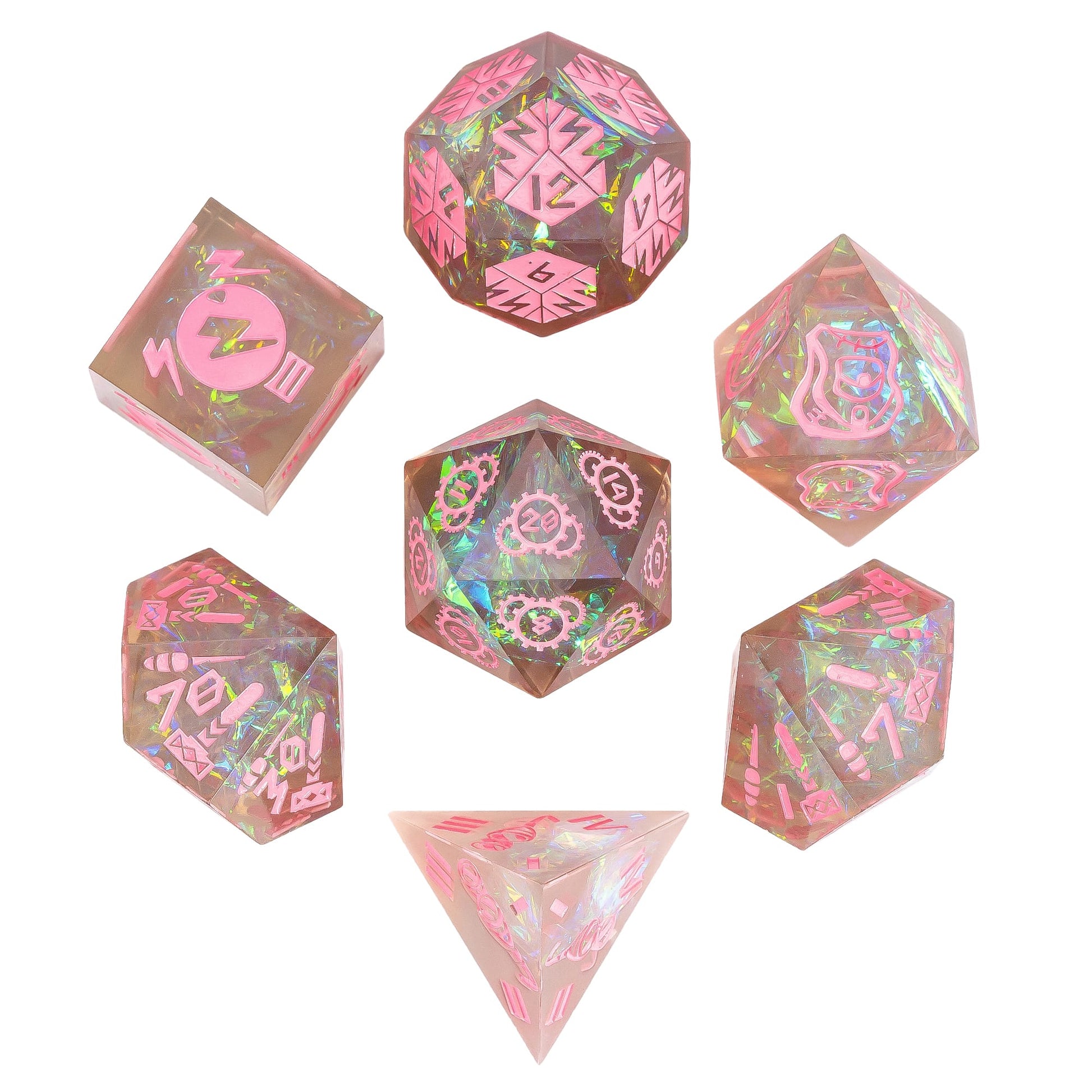 Roman Imperium Pink Sharp Edge Dice Set 7 piece resin dice set with pink ink for DnD & DnD 5e