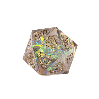 Roman Imperium sharp edge D20 with gold Roman numerals and gear motifs in iridescent resin