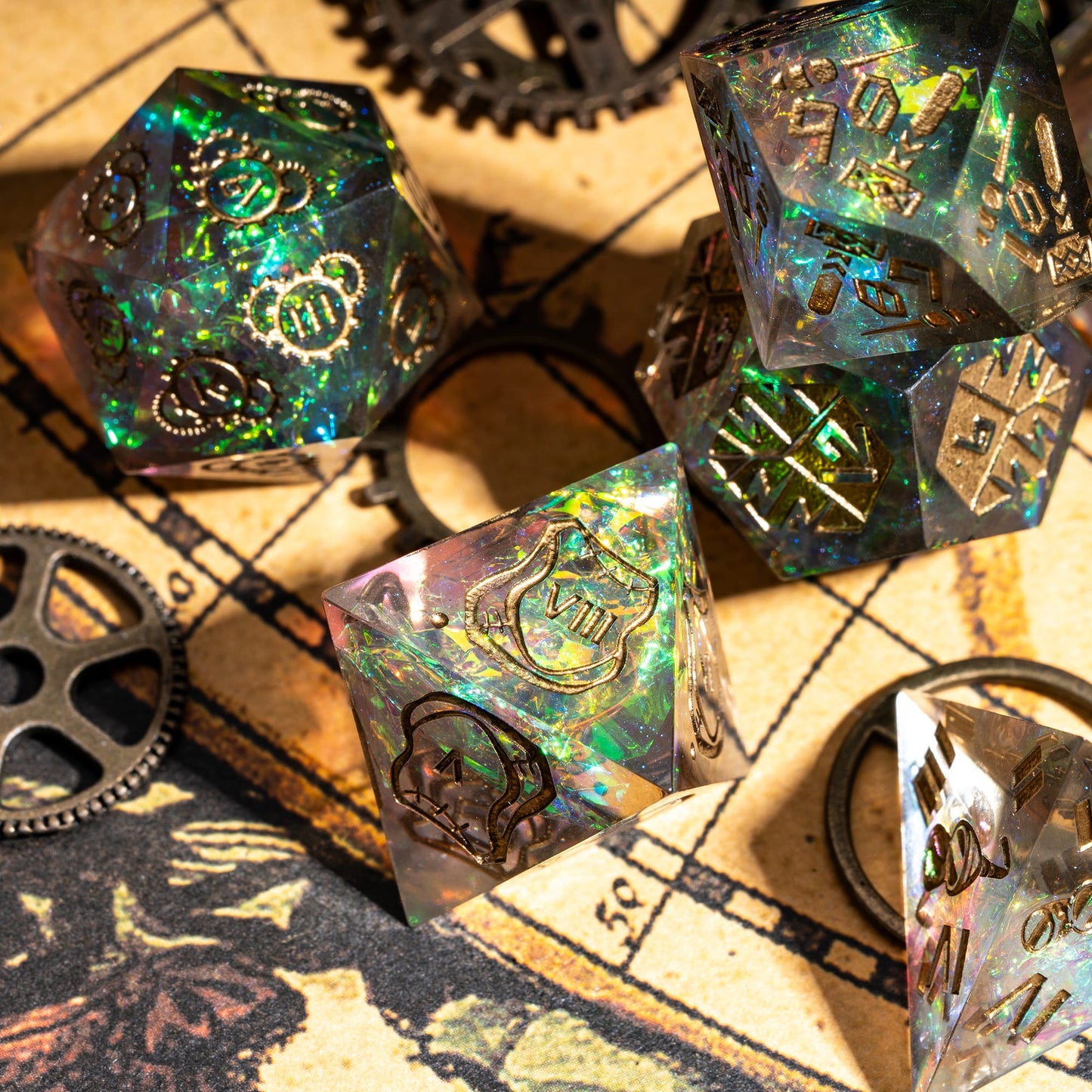 Angled view of Roman Imperium Bronze Sharp Edge Dice Set with glowing inclusions for DnD & DnD 5e