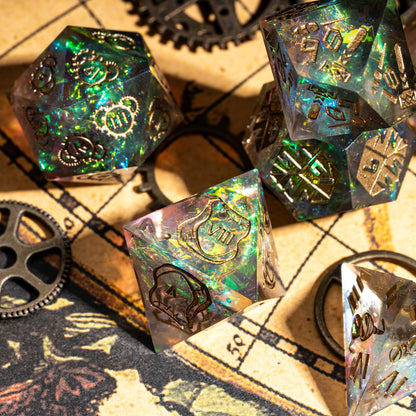Angled view of Roman Imperium Bronze Sharp Edge Dice Set with glowing inclusions for DnD & DnD 5e
