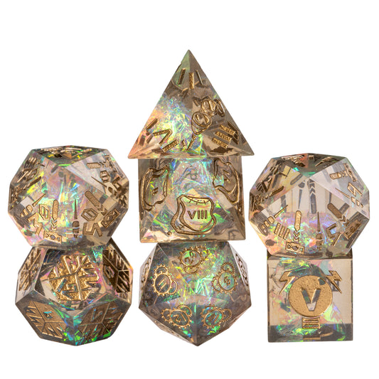 Roman Imperium sharp edge dice set with gold Roman numerals and iridescent flakes, stacked display