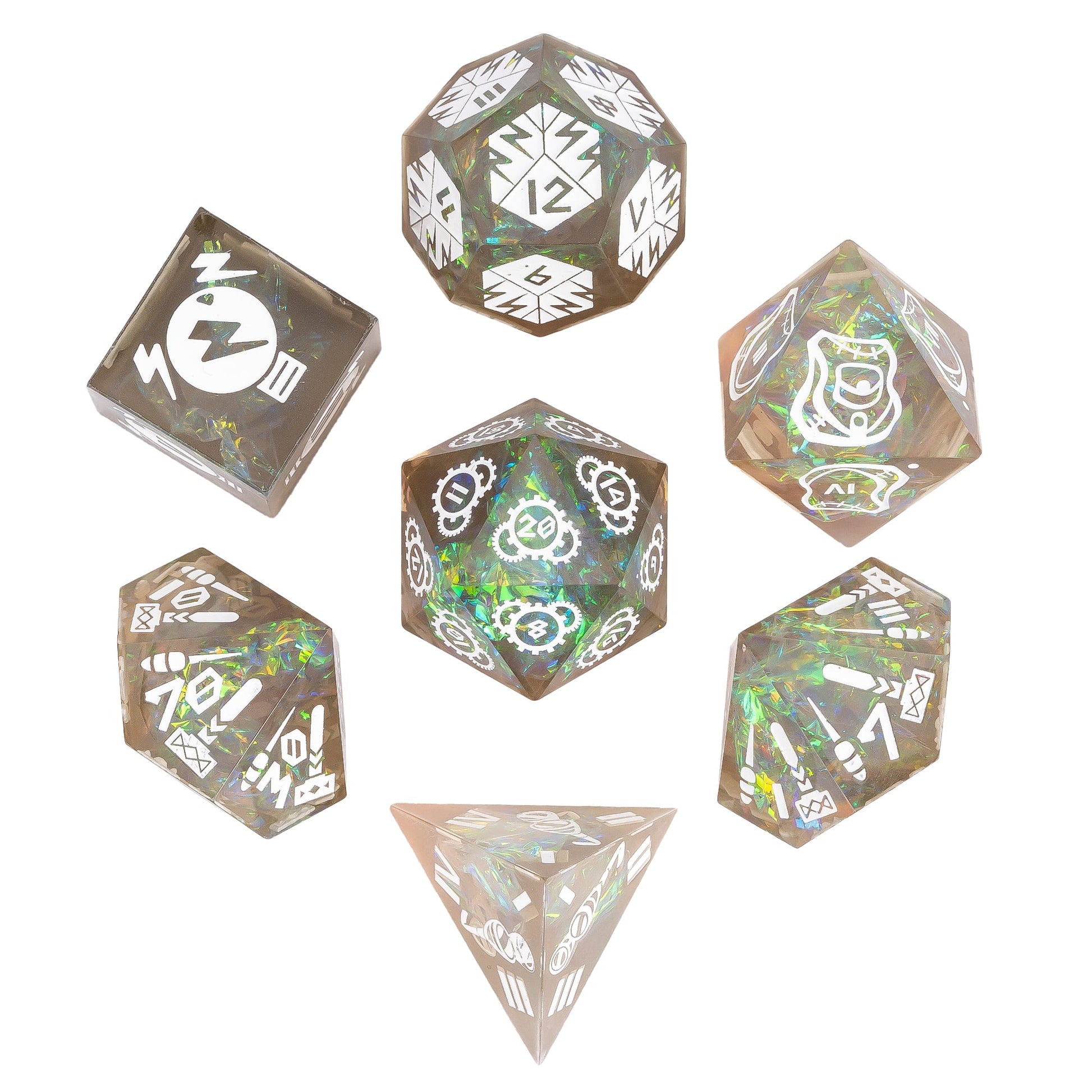Roman Imperium White Sharp Edge Dice Set 7 piece collection with white engravings for DnD & DnD 5e