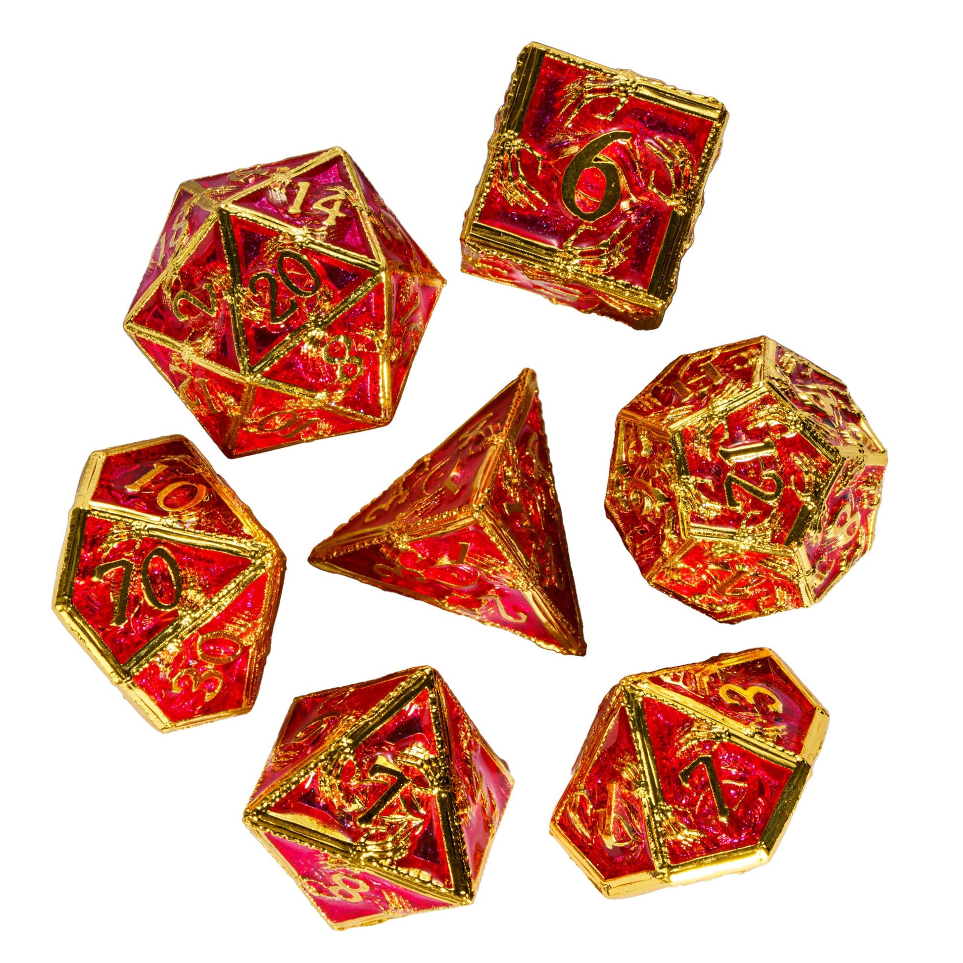 Royal Crypt Metal Dice Set top view of 7 piece red & gold RPG dice collection