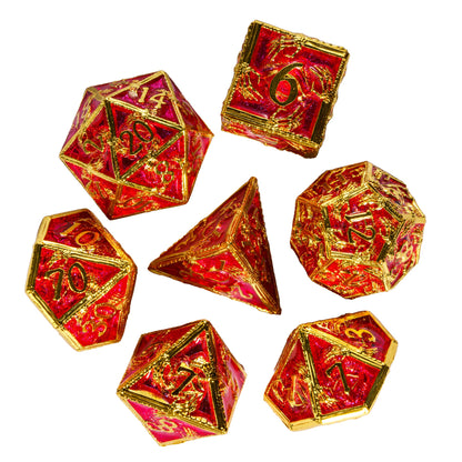 Royal Crypt Metal Dice Set top view of 7 piece red & gold RPG dice collection