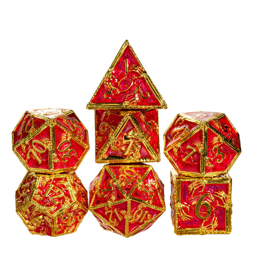 Royal Crypt Metal Dice Set red & gold RPG dice stacked for tabletop play