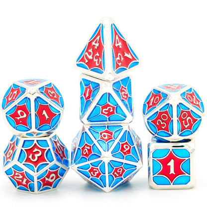 Balanced stack of Royal Wine polyhedral dice in red and blue colors