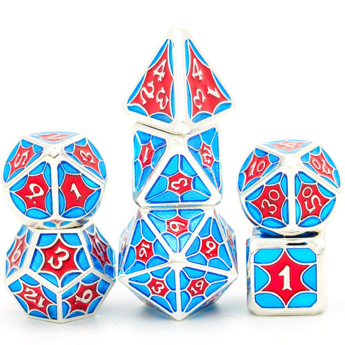 Balanced stack of Royal Wine polyhedral dice in red and blue colors
