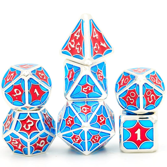 Balanced stack of Royal Wine polyhedral dice in red and blue colors