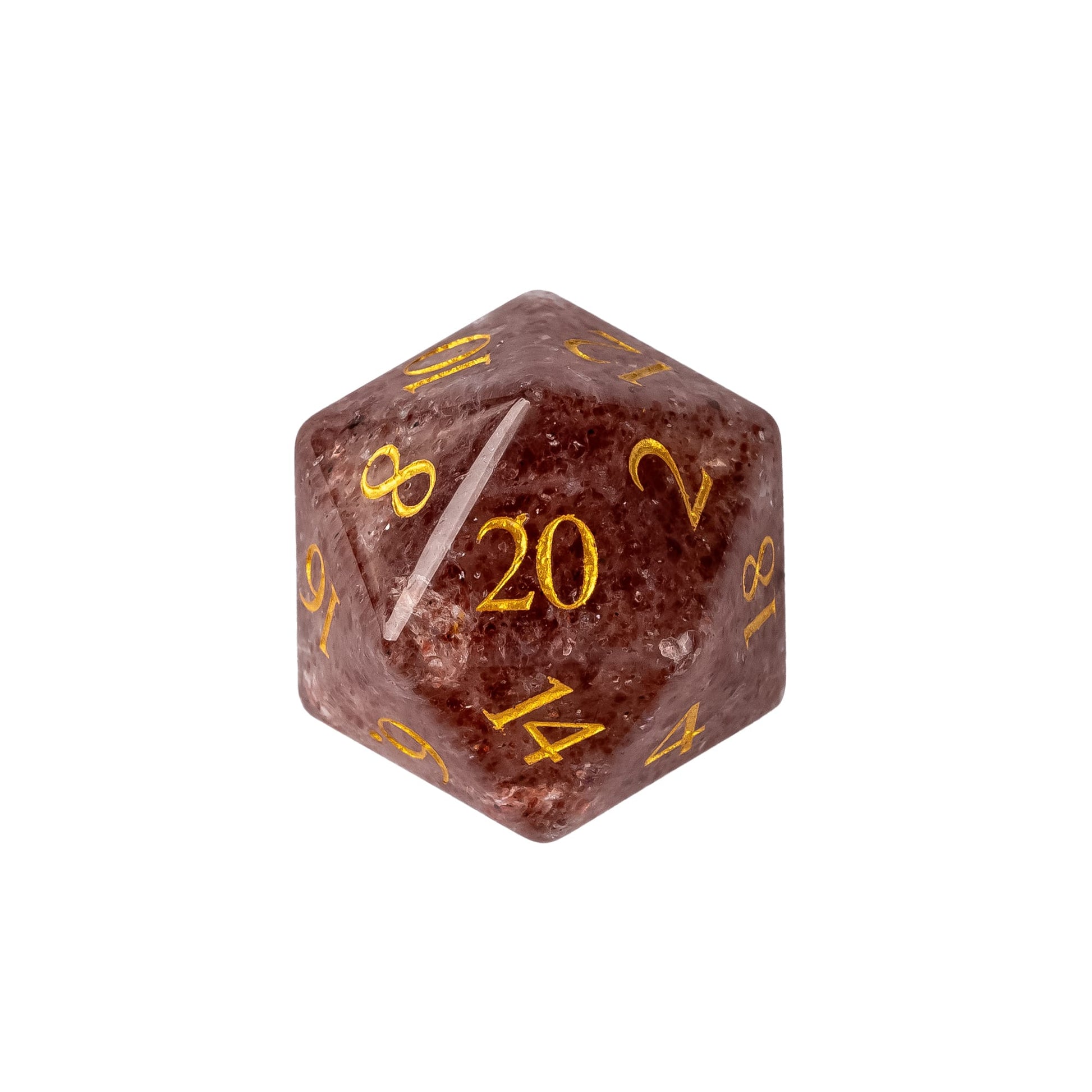 Rune Series Stone Dice Set D20 crafted from natural reddish stone with crystalline texture and gold numbering for DnD and tabletop RPGs