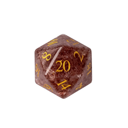 Rune Series Stone Dice Set D20 crafted from natural reddish stone with crystalline texture and gold numbering for DnD and tabletop RPGs