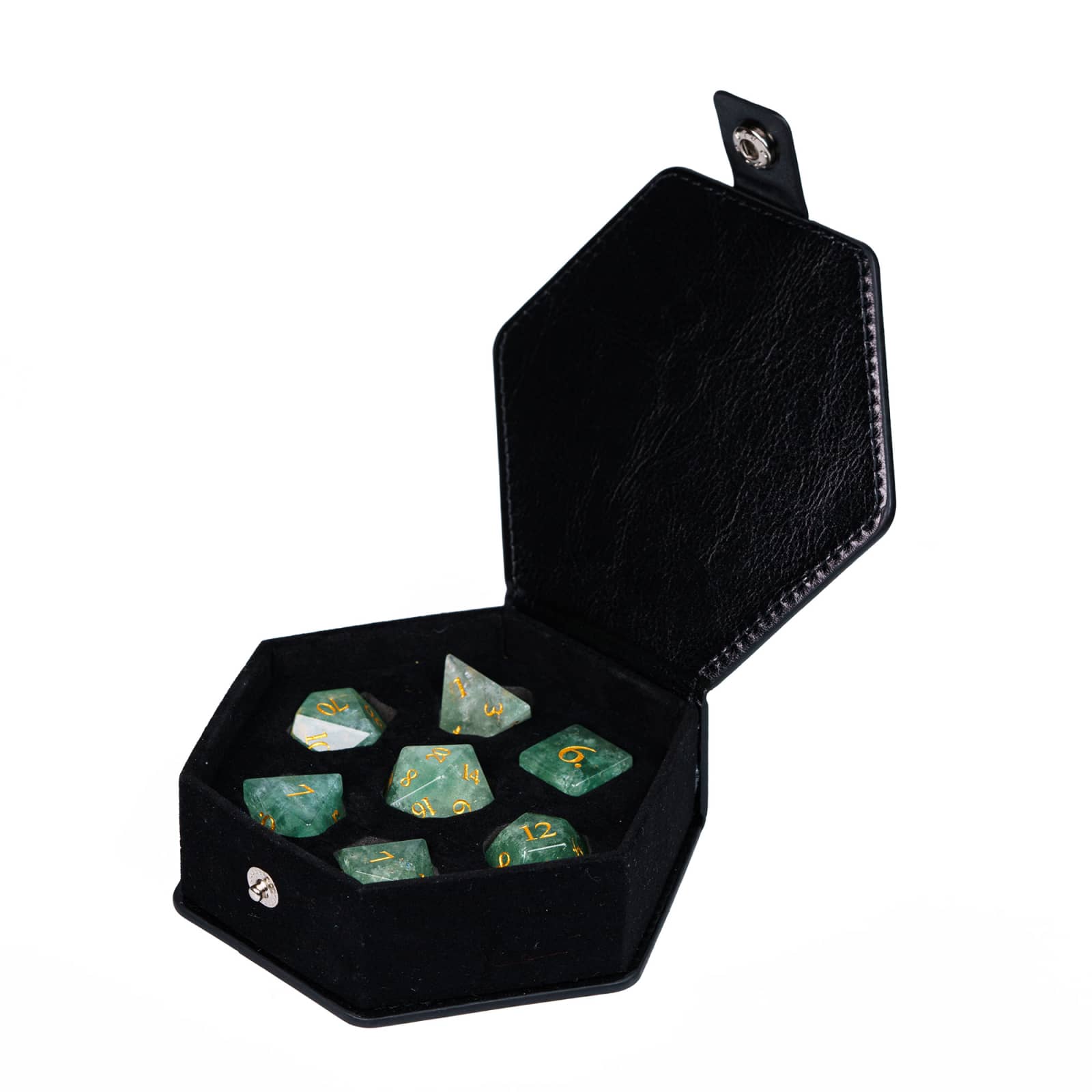Rune Stone Emerald Covenant Dice Set in dice case, 7 piece green gemstone dice for tabletop RPG play