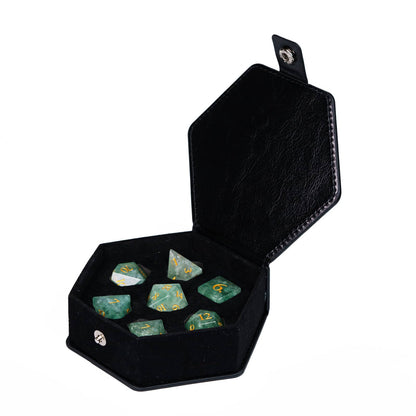 Rune Stone Emerald Covenant Dice Set in dice case, 7 piece green gemstone dice for tabletop RPG play