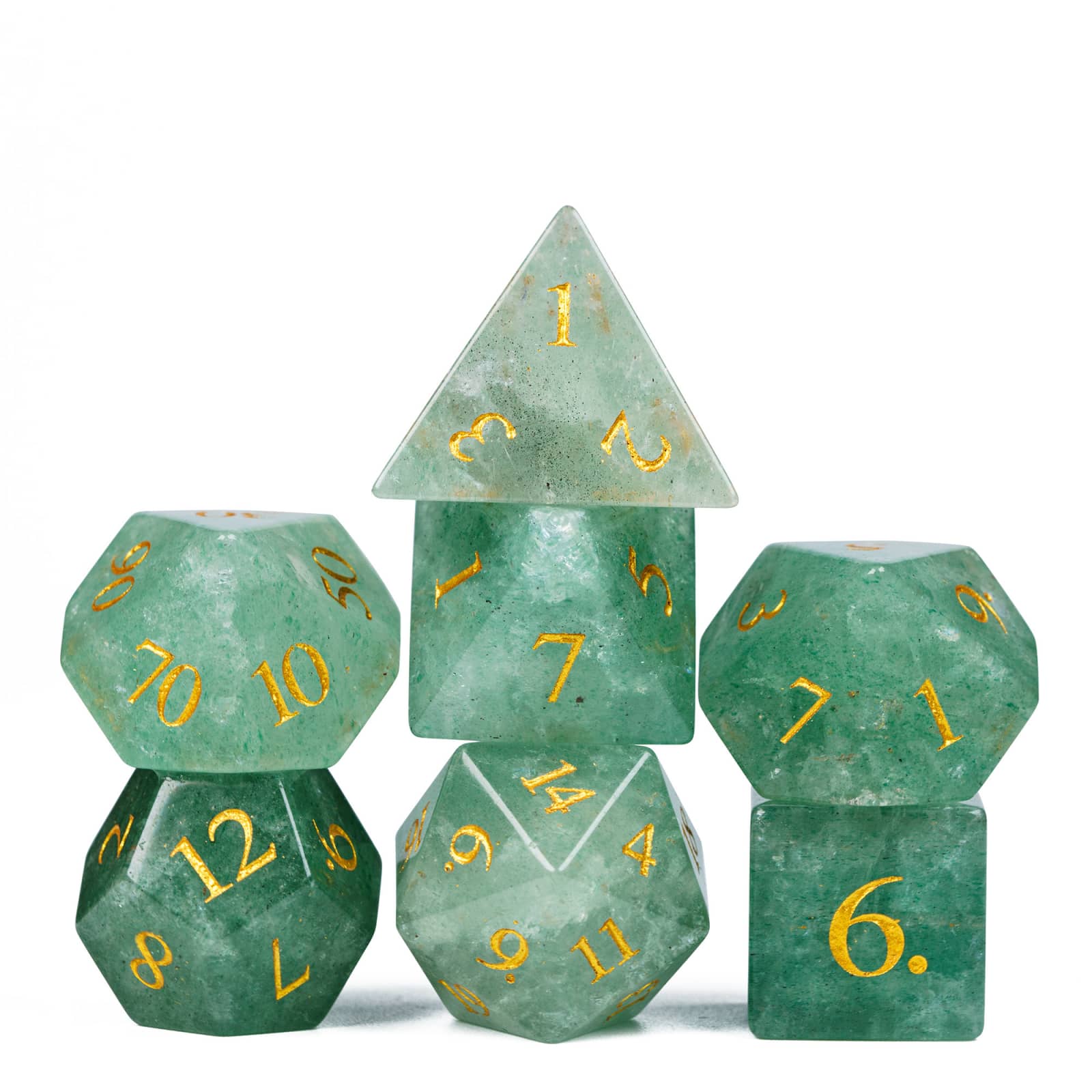 Stacked display of Rune Stone Emerald Covenant Dice Set, green natural stone dice for DnD and DnD 5e