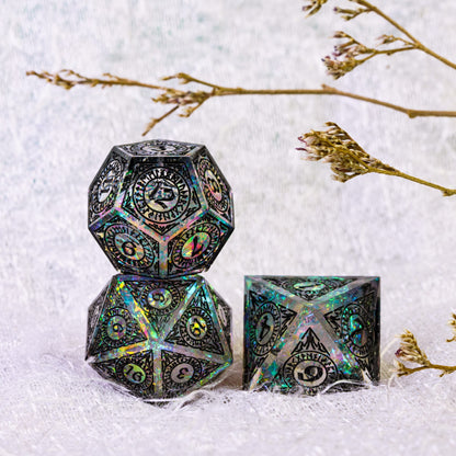 Runic Illusion sharp edge D20 with holographic foil core and detailed black runic engraving
