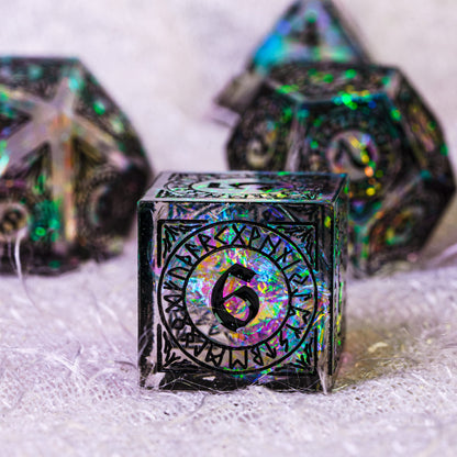 Close-up of Runic Illusion sharp edge D6 showing holographic foil interior and engraved runic symbols