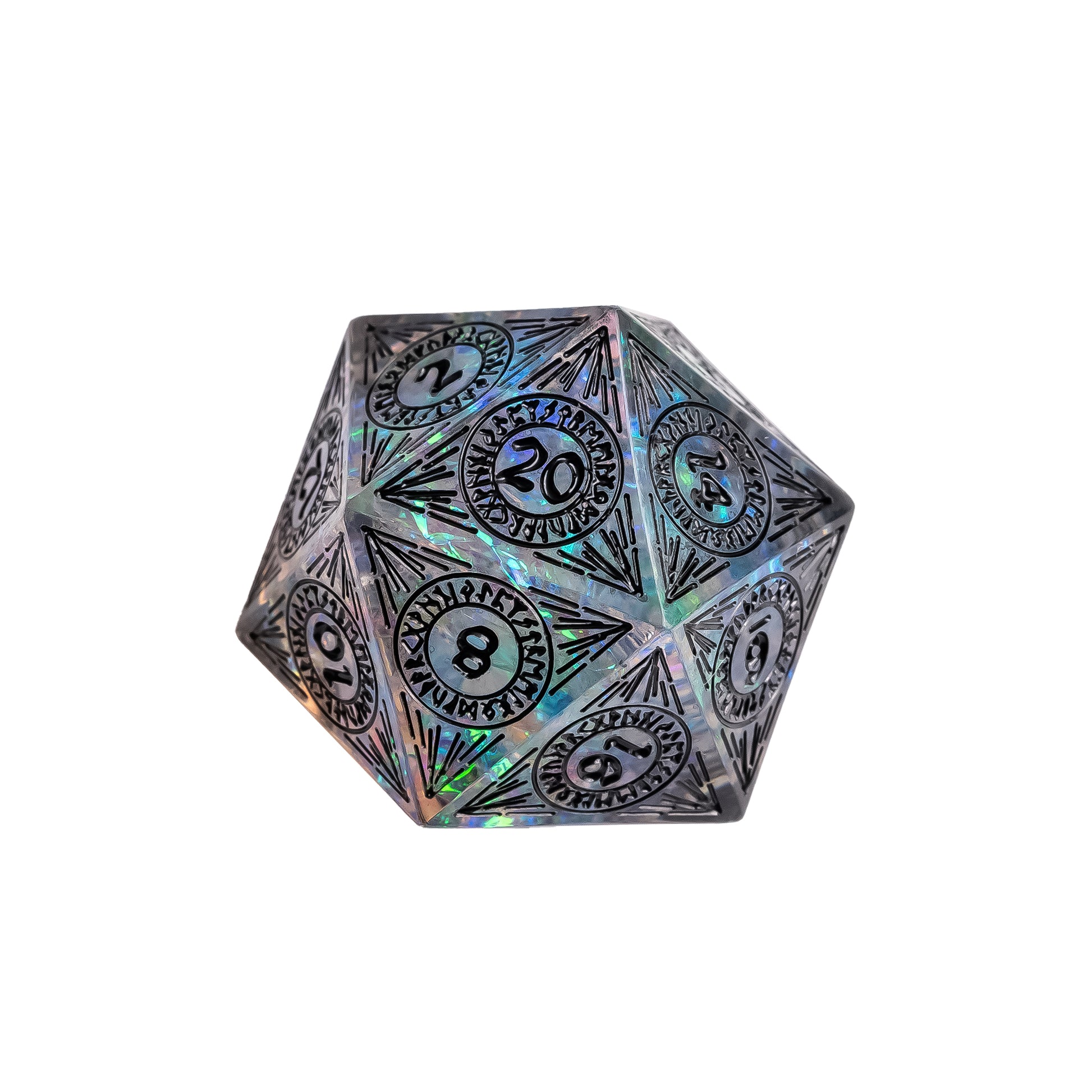 Runic Illusion sharp edge D20 with iridescent foil and engraved runic symbols