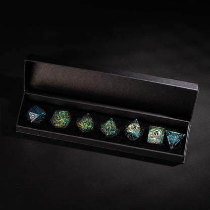 Runic Illusion sharp edge dice set displayed in a black presentation box with holographic runic engravings