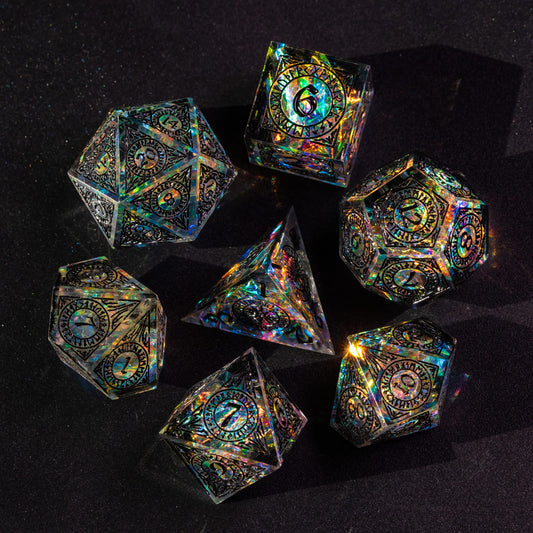 Runic Illusion sharp edge dice set, holographic resin polyhedral dice for DnD & RPG