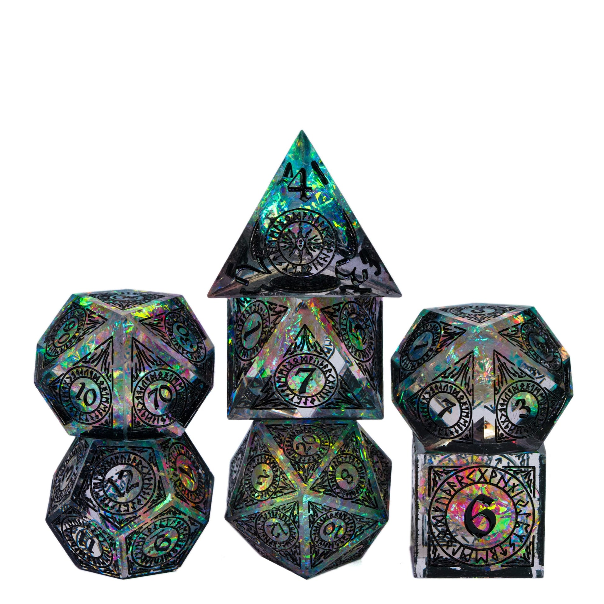 Runic Illusion sharp edge 7 piece dice set stacked with iridescent runic engravings for DnD