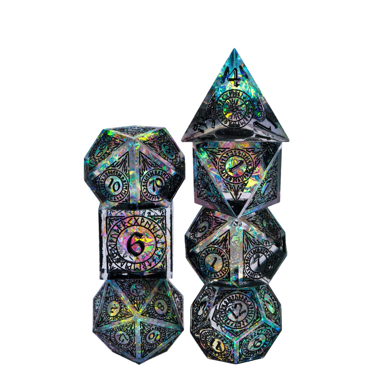 Runic Illusion sharp edge dice stacked vertically showing full polyhedral set with engraved runes