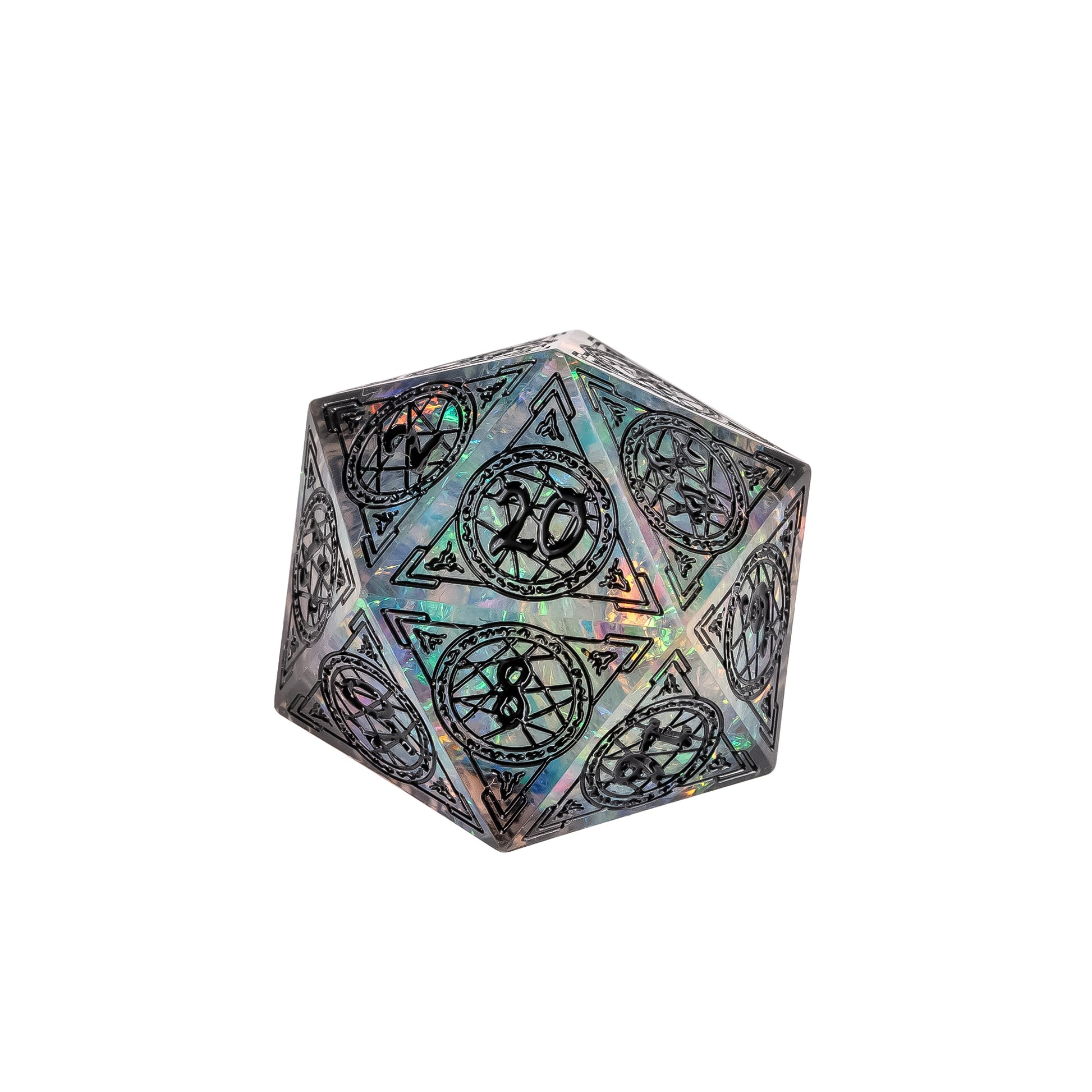 Runic Infusion sharp edge D20 with iridescent resin core and engraved black runic symbols