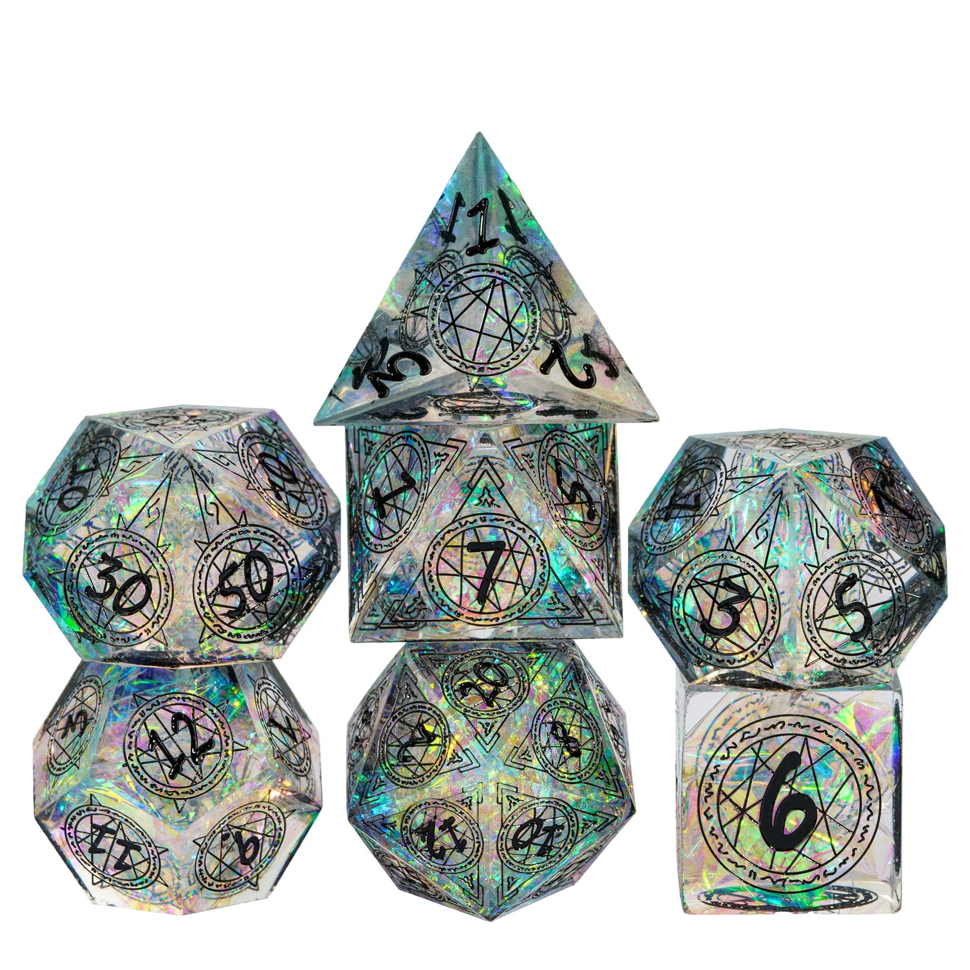 Runic Infusion sharp edge dice set, holographic resin dice with black runes for DnD & RPG