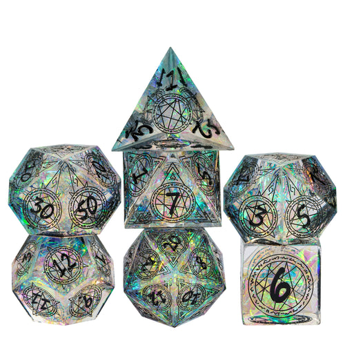 Runic Infusion sharp edge dice set, holographic resin dice with black runes for DnD & RPG