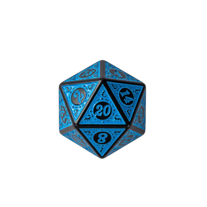 Blue Runic Wonder D20 featuring engraved runic patterns, black metal frame, and vibrant blue enamel finish for tabletop RPGs