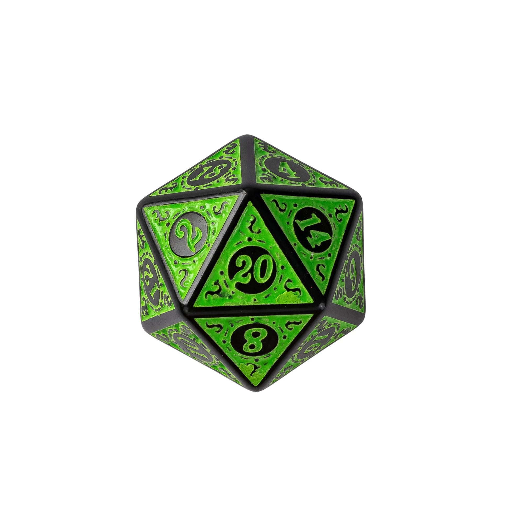 Green Runic Wonder D20 featuring engraved runic patterns, black metal frame, and bright green enamel finish for DnD and tabletop gaming