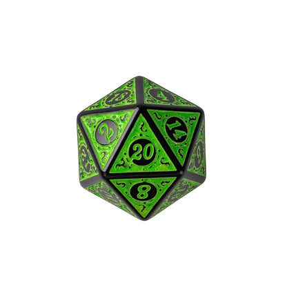 Green Runic Wonder D20 featuring engraved runic patterns, black metal frame, and bright green enamel finish for DnD and tabletop gaming