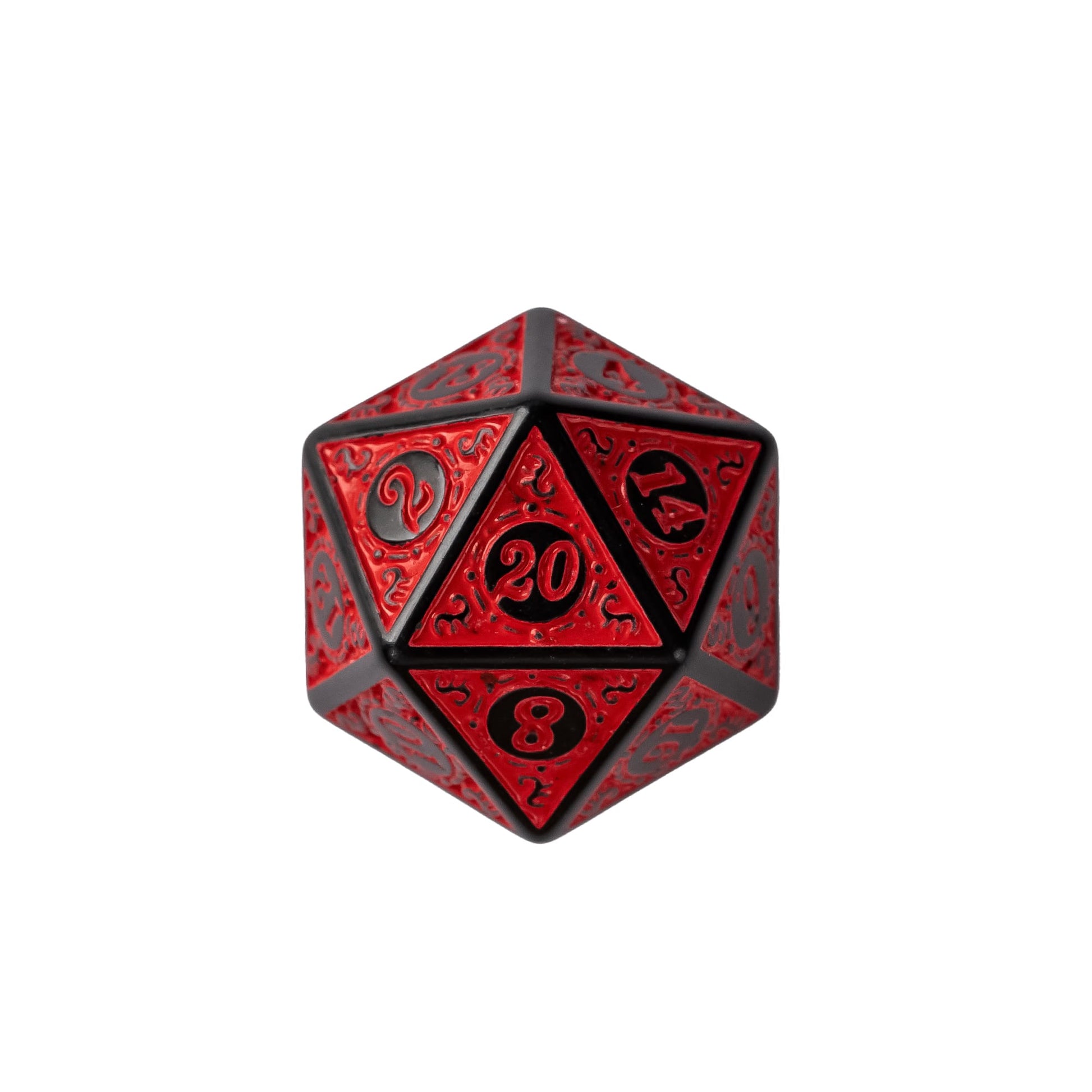 Red Runic Wonder D20 featuring engraved runic patterns, black metal frame, and crimson enamel finish for tabletop roleplaying games