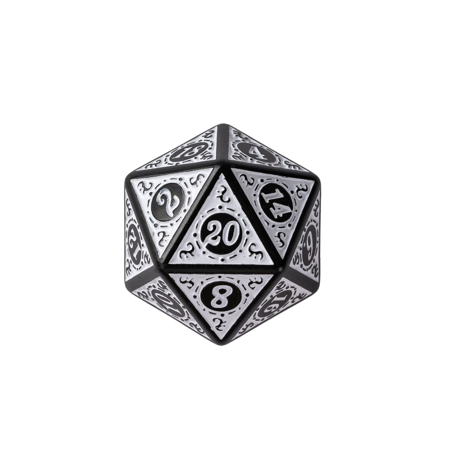 White Runic Wonder D20 featuring engraved runic patterns, black metal frame, and white enamel finish for Dungeons and Dragons players