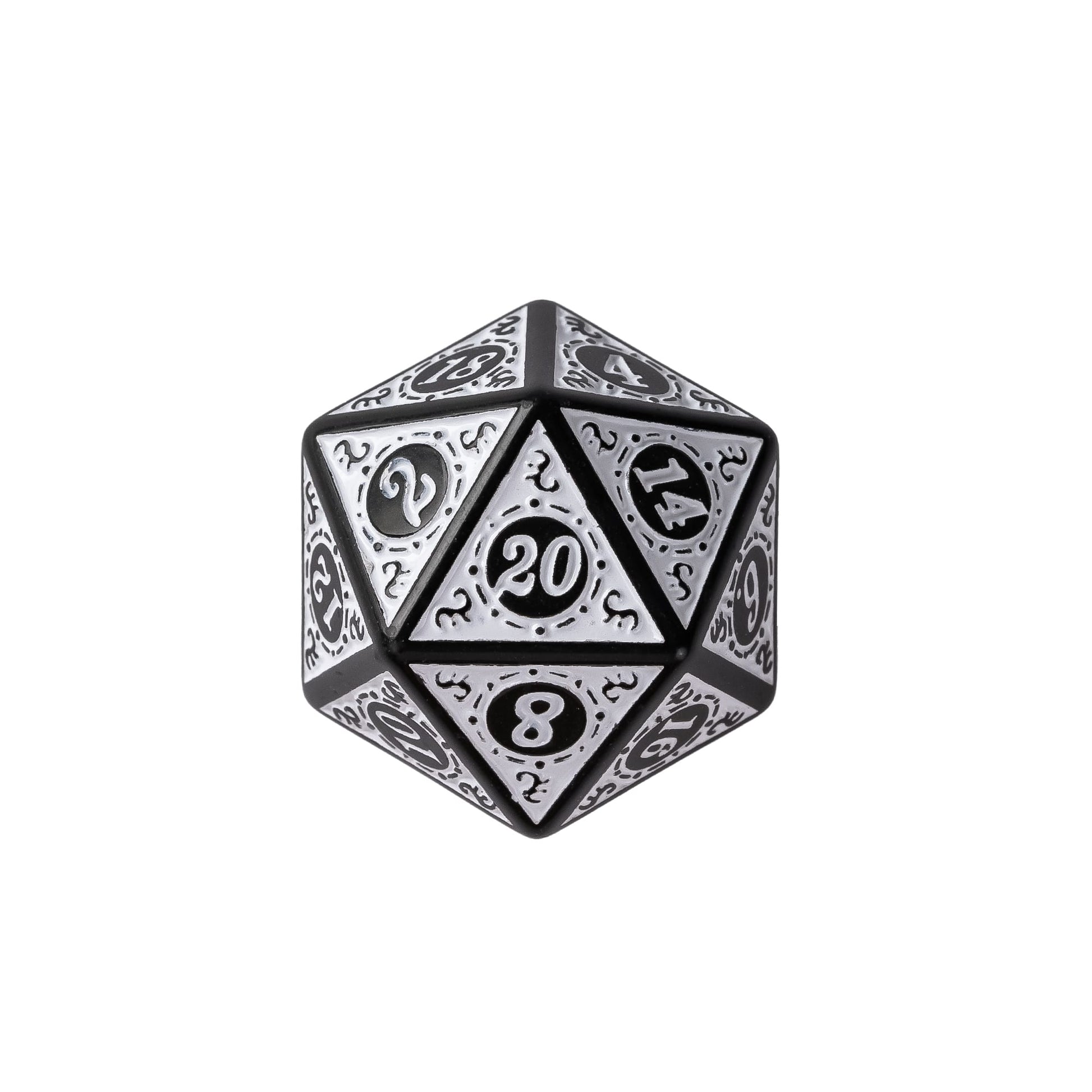 White Runic Wonder D20 featuring engraved runic patterns, black metal frame, and white enamel finish for Dungeons and Dragons players