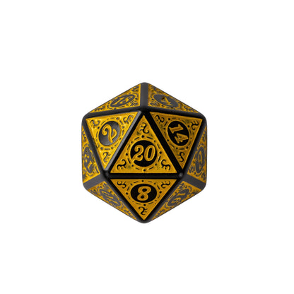Yellow Runic Wonder D20 featuring engraved runic patterns, black metal frame, and golden yellow enamel finish for tabletop RPG adventures