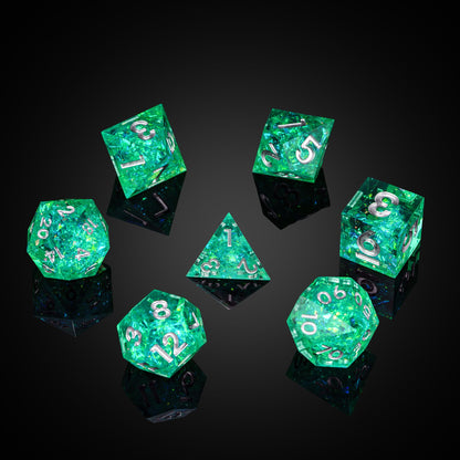 Sages Emerald dice set for DnD and tabletop RPG, green resin dice with silver numbers and foil accents