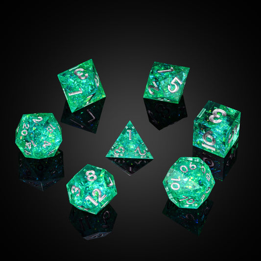 Sages Emerald dice set for DnD and tabletop RPG, green resin dice with silver numbers and foil accents