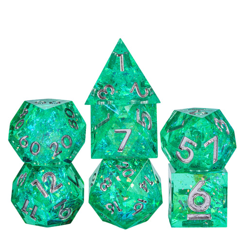 Sages Emerald dice set stacked for display, bright green resin dice with silver numbers for DnD and RPG