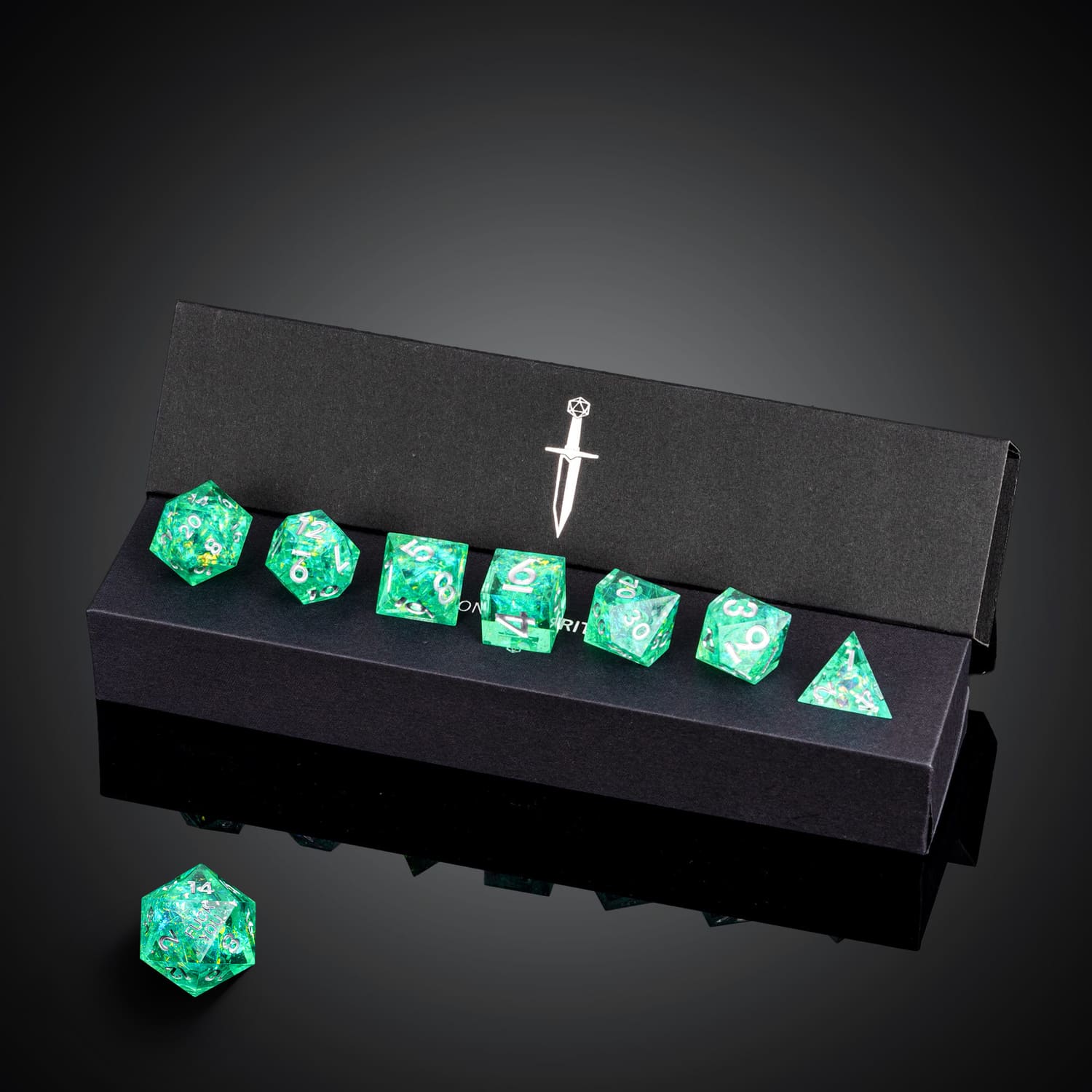 Full Sages Emerald F*ck Me Sharp Edge Dice Set in presentation box with 7 dice for DnD & DnD 5e
