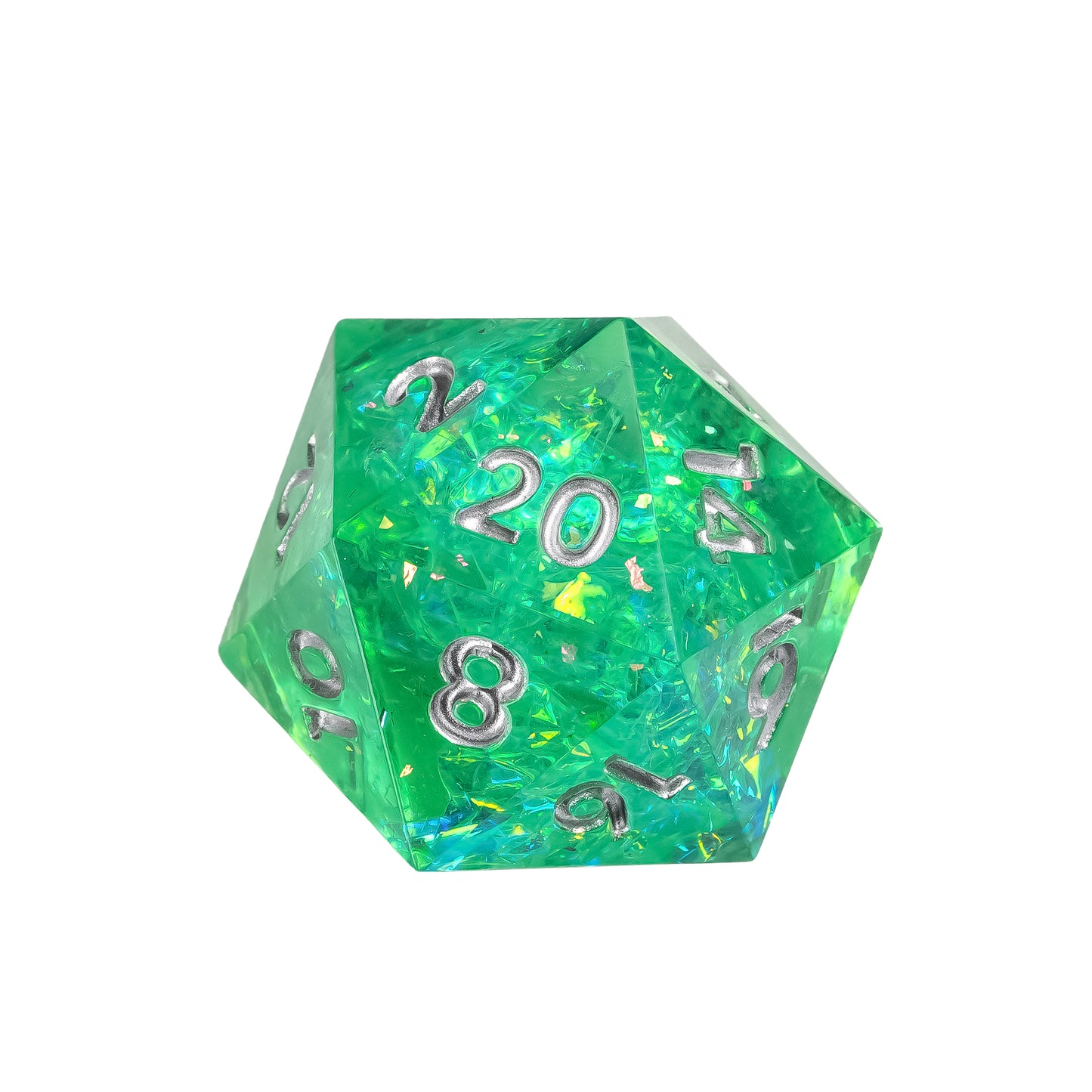 Close up of Sages Emerald Sharp Edge D20 in translucent emerald green resin with iridescent foil flakes and metallic silver numbers for DnD